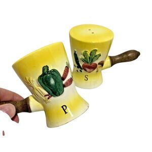 Vintage Mid Century ceramic salt & pepper shakers Commodore Japan wood handles